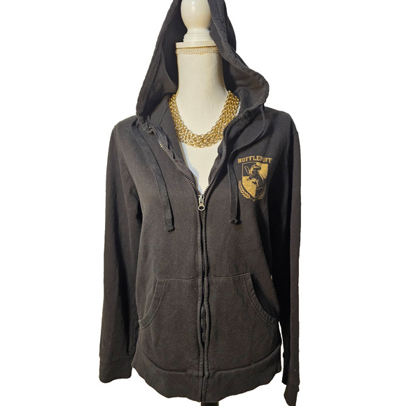 Harry Potter Hoodie Adult Medium Black Full Zip Hufflepuff Hogwarts Quidditch - Picture 1 of 8
